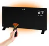 A hand holding a remote control points it at a black electric heater mounted on two legs, with an orange glow emanating from the top and bottom.
