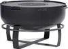 A black metal fire pit on a stand, shown from a slightly low angle against a white background. Produktbild-Vorschau