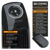 A close-up image of a black tower fan with its control panel and a remote control, surrounded by informational text and graphics. Produktbild-Vorschau