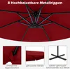 Close-up view of the underside of a red umbrella, with inset images showing details of its construction and base. Produktbild-Vorschau