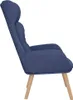 Side view of a blue fabric armchair with wooden legs. Podgląd zdjęcia produktu