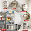 A collage of images showing a metal shelving unit used in various settings like a kitchen, storage, office, supermarket, living room, and garage. The main image shows the shelving unit filled with various items in a garage setting. Produktbild-Vorschau