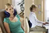 A woman sleeping with a neck pillow and another woman working at a desk with a lumbar support pillow. Podgląd zdjęcia produktu