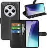 A collage of images showing a black flip case wallet for a smartphone, with the phone inside and also displayed separately. Produktbild-Vorschau