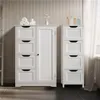 Two white bathroom storage cabinets are shown in a well-lit room with a wood-paneled wall. Produktbild-Vorschau
