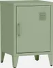 A single, light green, industrial-style nightstand with one door and four legs, shown against a white background.