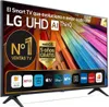A marketing image of an LG UHD AI ThinQ television, showcasing its features and app icons. Produktbild-Vorschau