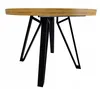 A round dining table with a wooden top and black metal legs is shown against a white background. Náhled obrázku produktu