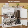A white shoe cabinet with multiple shelves and compartments, displaying various shoes and boots. Text overlays highlight features like 'Reichlich Stauraum' (Ample Storage), 'Offene Ablage' (Open Shelf), 'Schublade' (Drawer), and 'Seitlicher Schrank' (Side  Produktbild-Vorschau