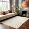A living room scene with a sofa, rug, and fireplace.