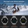 A snowboarder in action with three smartwatch displays shown below, highlighting features like compass, altitude, and air pressure. Produktbild-Vorschau