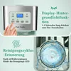 Collage of images showing a coffee maker's control panel, a hand interacting with it, and a close-up of the water reservoir with water splashing. Produktbild-Vorschau