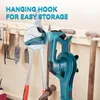 Various garden tools are hung on a wooden wall, with a close-up inset showing a hanging hook feature. Produktbild-Vorschau