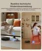 A split image showing a robot vacuum cleaner in a living room and a kitchen setting, with text highlighting its obstacle avoidance features. Produktbild-Vorschau