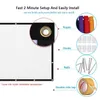 A projection screen with installation accessories and text describing its features. Produktbild-Vorschau