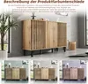 A collage showing a wooden sideboard with slatted doors. The top part features a large image of the sideboard in a room setting, with text overlay describing color differences. The bottom part displays three smaller images of the same sideboard, each with  Anteprima dell’immagine prodotto
