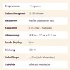 A table of specifications for a rice cooker, listing its features and dimensions. Produktbild-Vorschau