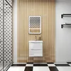 A modern bathroom vanity set with a white sink and cabinet against a slatted wood-paneled wall. Produktbild-Vorschau