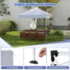 A pop-up gazebo set up in a garden with a table and chairs underneath, and close-up shots of its features. Náhľad obrázku produktu