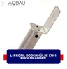 A close-up shot of a metal L-shaped post anchor, also known as a ground sleeve, designed to be screwed into the ground. Produktbild-Vorschau