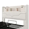 A close-up view of a white upholstered bed frame with a wooden headboard featuring storage compartments. Náhľad obrázku produktu