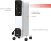 A white oil-filled radiator with black controls and wheels, with various features highlighted by text labels and orange dots. Náhled obrázku produktu