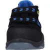 A close-up front view of a black safety shoe with blue accents. Náhled obrázku produktu