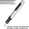 A silver USB engraving pen with blue and red indicator lights, shown against a white background with German text describing its features. Náhled obrázku produktu