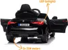The rear view of a black electric toy car, with its doors open and labels pointing out features. Anteprima dell’immagine prodotto