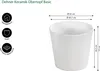 A white ceramic planter with dimensions and feature icons. Produktbild-Vorschau
