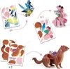 A collage of craft kits showing disassembled and assembled 3D wooden figures of animals and birds with fairies. Produktbild-Vorschau
