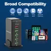 A black Feegar charging station is shown on the left, with various electronic devices like smartphones, a tablet, and a game console displayed on the right, all against a blue background. Text at the top highlights 'Broad Compatibility' with icons represen Produktbild-Vorschau