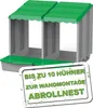 A product shot of a two-compartment chicken nesting box with green accents and a promotional overlay. Produktbild-Vorschau