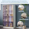 A white and gold glass display cabinet with LED lighting, shown in a room setting with decorative items. Several circular insets show different environments where the cabinet can be used. Náhľad obrázku produktu