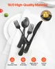 A set of black cutlery is arranged on a white napkin on a white plate, with some decorative elements and text overlays highlighting product features. Náhľad obrázku produktu