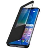 A black flip cover case for a Huawei Mate 20 Pro smartphone is shown with the cover partially open, revealing the phone's screen. Podgląd zdjęcia produktu