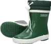 A pair of green rubber boots with white soles and white trim around the top. Produktbild-Vorschau