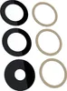 Three sets of circular lens components, each with a black outer ring and a clear inner circle, and a tan ring next to them. Produktbild-Vorschau