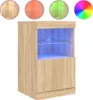 A wooden sideboard with blue LED lighting, shown against a white background. Small circular images above show different lighting colors. Produktbild-Vorschau