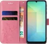 A pink flip phone case with floral and butterfly designs, showing credit cards and a 50 Euro banknote inside. Produktbild-Vorschau