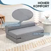 A gray foldable sofa bed is shown in a living room setting, with text overlays highlighting its features. Náhled obrázku produktu