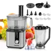 A food processor and blender set with various attachments, surrounded by fresh fruits and a glass of juice. Produktbild-Vorschau