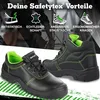 A collage-style marketing image showcasing Safetytex safety boots with various feature icons and text. Produktbild-Vorschau