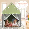 Three children are playing inside a green and gray play tent with star lights on the roof. A rainbow pillow is visible inside the tent. Náhled obrázku produktu