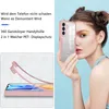A woman holding a pink phone case in front of her face, with a diagram showing how the case works. Produktbild-Vorschau