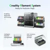 A marketing image showcasing the Creality Filament System with a 3D printer and filament storage units. Produktbild-Vorschau