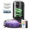 A collage of a robot vacuum cleaner and its accessories, including a charging station, water tank, mop pads, a smartphone, and a smartwatch. Produktbild-Vorschau