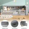 A children's bed with storage and safety rails, shown in a room setting with toys and decorative stars on the wall. Insets highlight specific features. Produktbild-Vorschau