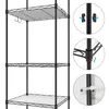 A close-up view of a black metal shelving unit with multiple shelves and hooks, shown against a white background. Insets on the right detail assembly components and attachment methods. Produktbild-Vorschau