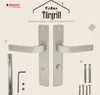 A product image showcasing a door handle set with accompanying hardware, presented against a neutral background with decorative elements. Produktbild-Vorschau